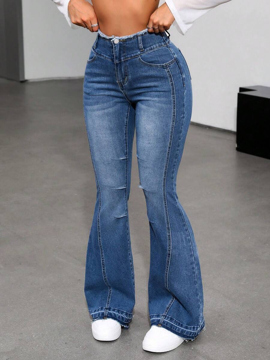 Rivivi Women's Casual Frayed Hem Flare Leg Jeans Cowgirl Jeans Flare Jeans Women Boot Cut Jeans Jeans Y2k - Blue - View 1