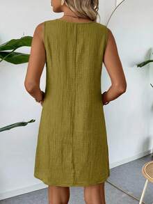 SHEIN LUNE 夏季休闲沙滩度假亚麻质感杏色无袖连衣裙（女款） - 綠色 - 查看 2