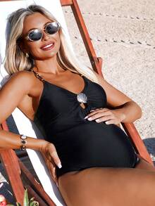 Swim Vcay Maternity Solid Color Spaghetti Strap One-Piece Swimsuit For Beach Vacation - Black - View 4