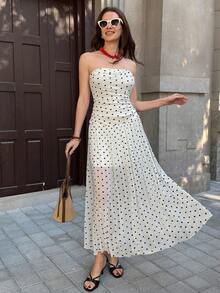 SHEIN Clasi 女士长款波点连衣裙，优雅度假休闲装，无肩带连衣裙 - 米色 - 查看 8