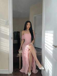 Firerie 女士优雅纯色露肩荷叶边修身连衣裙 女士粉色渐变色连衣裙 - 粉色 - 查看 4