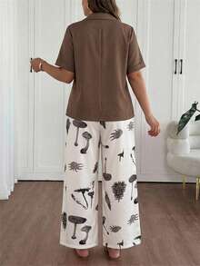 EMERY ROSE Setelan Blazer Lengan Pendek Ukuran Besar & Celana Panjang Longgar, Setelan Pakaian Liburan Wanita Motif Kucing, Setelan Celana Musim Panas Linen, Cokelat Tua, Kasual Elegan - Khaki - View 2