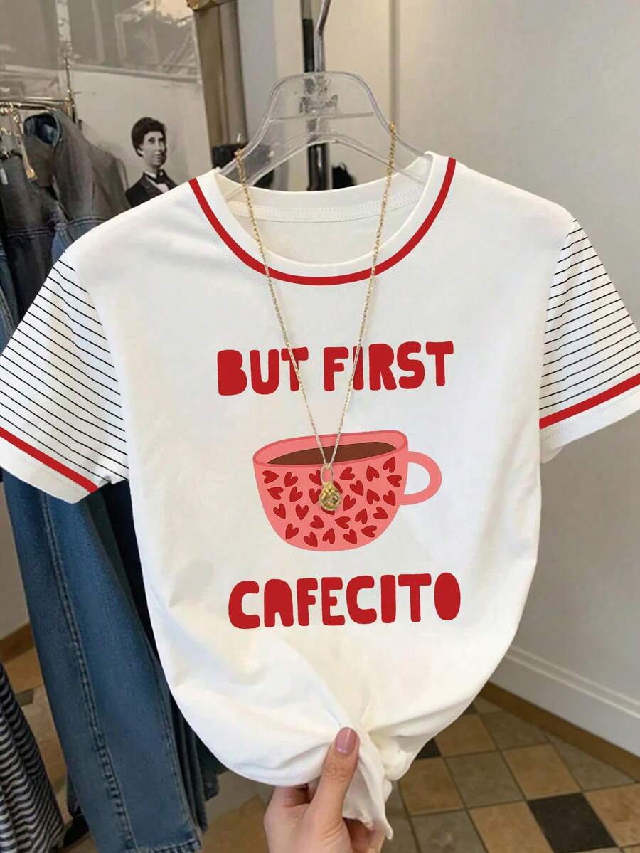 Resyla “但首先是咖啡”咖啡图案条纹袖撞色圆领T恤，Y2K美学咖啡印花条纹袖休闲T恤，学院风“咖啡”咖啡图案撞色滚边上衣，咖啡爱好者图案条纹袖夏季T恤，可爱“但首先是咖啡”印花撞色领休闲T恤 - 白色 - 查看 1