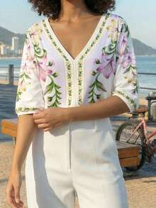 CAJUNI 女士印花V领无袖露背系带连体衣，时尚度假之选 - 米色 - 查看 8