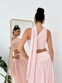 Firerie 女士优雅春夏浪漫海滩度假婚礼宾客伴娘约会派对生日舞会飘逸不对称上衣和高腰薄纱裙两件套，粉色 - 粉色 - 查看 7