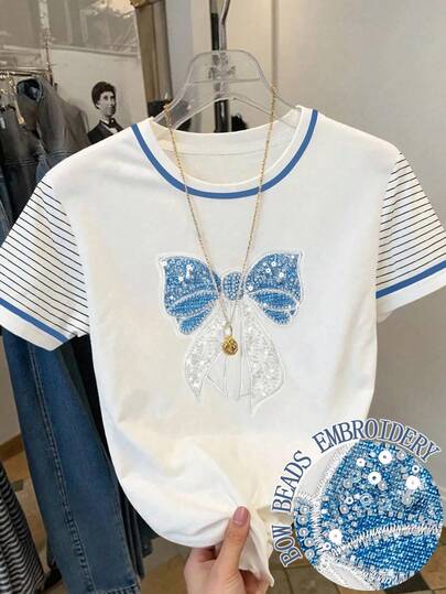 Resyla Women's Summer Striped Patchwork Short Sleeve T-Shirt, Sweet Sequin Bow Embroidery Design Crew Neck Top