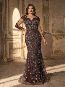 Aureia 大码优雅浪漫棕色深V领长袖薄纱贴花装饰奢华亮片网纱拼接美人鱼下摆紧身连衣裙，适合网红婚礼派对正式晚宴（重工装饰设计） - 棕色 - 查看 8