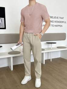 SWAVVY Men's Casual Solid Color Short Sleeve Stretchy Knit T-Shirt, Summer - Pink - View 6