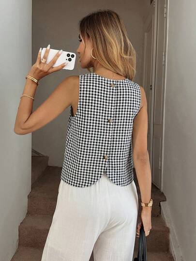 Easowa Casual Women Striped Sleeveless Cropped Top With Back Slit Old Money Style Checkered Top Chic Top Gingham Top Summer Top Sleeveless Top