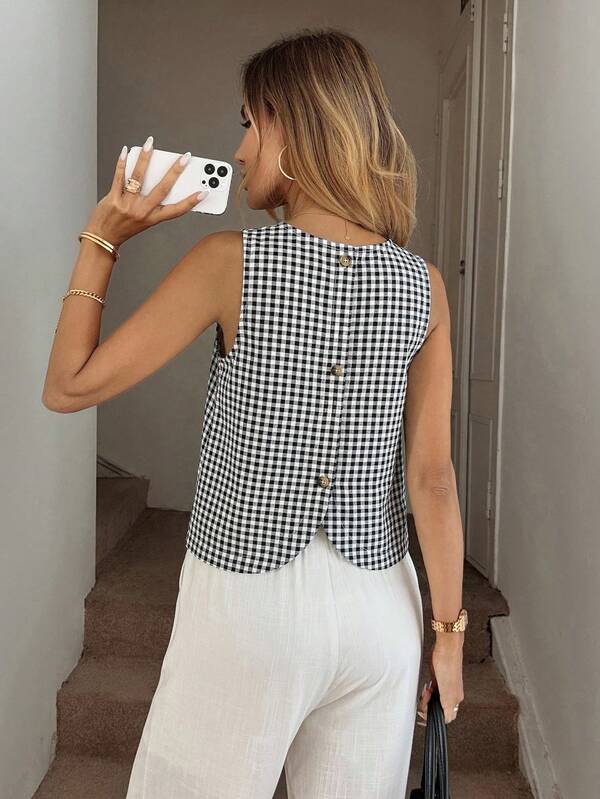 Easowa Casual Women Striped Sleeveless Cropped Top With Back Slit Old Money Style Checkered Top Chic Top Gingham Top Summer Top Sleeveless Top