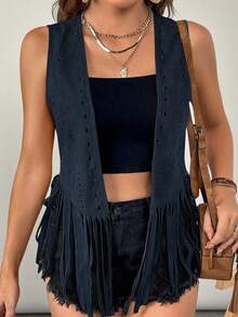 SHEIN VCAY Chaleco/chaqueta de mujer talla grande con estilo boho y western, de unicolor, con parches y flecos en el bajo, de apertura frontal, para usar en verano y otoño/invierno - Azul Marino - Ver 4
