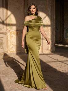 Aureia Đầm cỡ lớn thanh lịch, lãng mạn, gợi cảm, màu xanh quân đội, chất liệu satin co giãn, cổ bất đối xứng, kiểu yếm, đuôi cá có tà dài, thích hợp cho các buổi tiệc sinh nhật, đám cưới, phù dâu, lễ hội, tiệc tùng, sinh nhật. - màu xanh lá - Xem 2