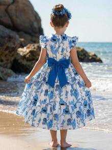 SHEIN LMoss Kids 女童雪纺碎花蝴蝶结圆领荷叶边下摆休闲连衣裙 - 彩色 - 查看 2