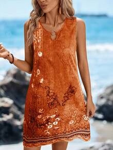 圆领金属环装饰A字无袖连衣裙，印花休闲度假优雅街头风迷你连衣裙，女士 - 橘色 - 查看 4