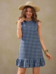Wildy Đầm ngắn kẻ caro xanh lá cây lãng mạn kiểu miền Tây nước Mỹ mùa hè mới, viền bèo nhún, thích hợp cho kỳ nghỉ. - Xanh và trắng - Xem 6