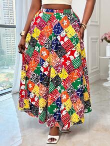 Xyvia Women's Red And Yellow Plaid Digital Print Flared Skirt,Summer Boho Beach Holiday Casual Loose Relaxed Travel Street Style Chic Carnival Labor Day - Multicolor - View 6