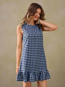 Wildy Đầm ngắn kẻ caro xanh lá cây lãng mạn kiểu miền Tây nước Mỹ mùa hè mới, viền bèo nhún, thích hợp cho kỳ nghỉ. - Xanh và trắng - Xem 5