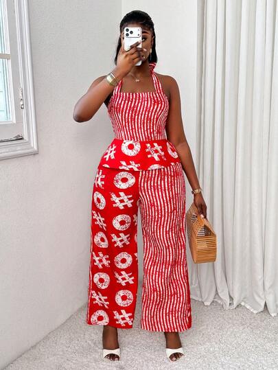 Xyvia Women's Summer New Elegant Black Minimalist Versatile Daily Commute High-End Contrast Color Design Orange Red Halter Waist Wide Leg Jumpsuit