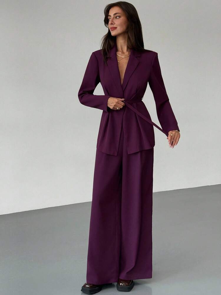 Aloruh Purple Elegant Business Suit Jacket And Pants Set Fall Clothes Fall Clothes For Women All Outfits Women  Fall Outfits For Women Fall Outfits Autumn Clothes Women's Fall Clothes Teacher Outfits For Women  Teacher  Teacher Outfits  Teacher Clothes Business Casual Woman  Business Casual Outfits Women Business Casual  Business Casual Women  Commuting Office Temperament Slim Suit Dark Purple Waist Belt Adjustable Burgundy Burgundy  Wine Red Suit Dark Purple Suit - Red Violet - View 4