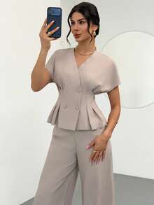 Firerie Women's Elegant Minimalist Fashion Commuter Urban Chic New Arrival Waist Cinched V-Neck Double-Breasted Blazer Jacket And High-Waisted Wide-Leg Pants Two Pieces Suit Set, Apricot And Khaki - Apricot - View 2