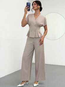 Firerie Women's Elegant Minimalist Fashion Commuter Urban Chic New Arrival Waist Cinched V-Neck Double-Breasted Blazer Jacket And High-Waisted Wide-Leg Pants Two Pieces Suit Set, Apricot And Khaki - Apricot - View 4