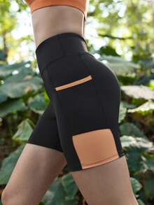 SHEIN In My Nature 女士撞色拼接高腰无缝户外短裤 - 黑色 - 查看 1