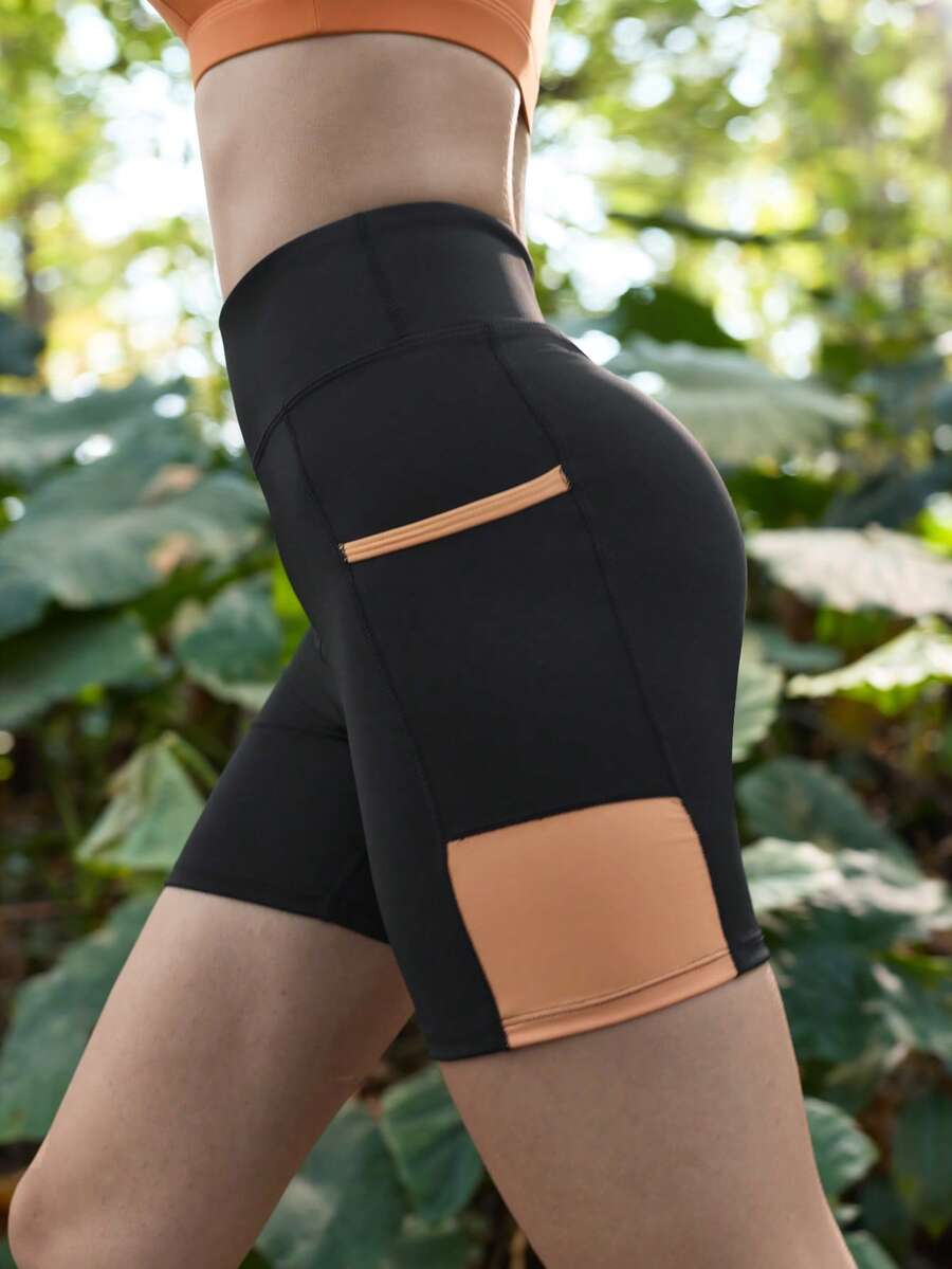 SHEIN In My Nature 女士撞色拼接高腰无缝户外短裤 - 黑色 - 查看 1