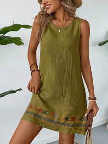 SHEIN LUNE 夏季休闲沙滩度假亚麻质感杏色无袖连衣裙（女款） - 綠色 - 查看 3