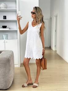 Easowa 女士V领花卉刺绣图案休闲连体裤，适合日常穿着 - 杏色 - 查看 6