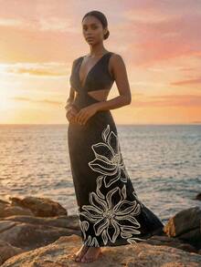 CAJUNI Vacation Beach Floral Print Hollow Out Sleeveless Dress, Long Beach Dress For Woman - Black - View 3