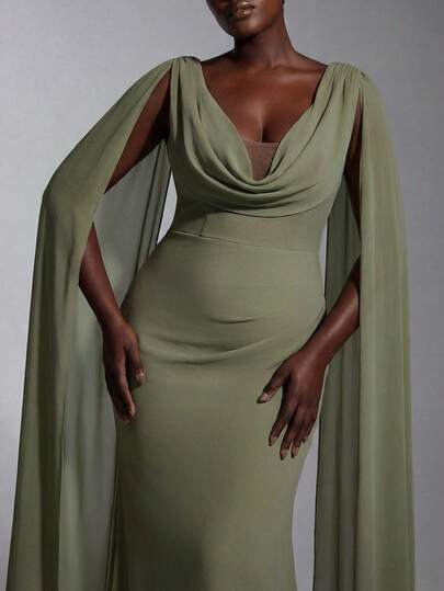 Elitara Plus Size Elegant Dark Gray-Green Chiffon Draped Neck Shoulder Luxury Rhinestone Decor Fish Tail Maxi Dress, Suitable For Dates, Vacations, Singles Parties, Weddings, Bridesmaid Events, Formal Occasions Olive Green Formal Dress Women Sage Green Bridesmaid Dress Gala Evening Gown