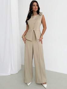 Firerie 女士优雅简约精致浪漫时尚通勤都市现代新款潮流不对称领3D立体花卉金属纽扣收腰袖西装外套和高腰阔腿卡其色套装，2件套 - 卡其色 - 查看 5