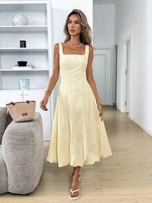 Easowa Đầm hè thường ngày màu trơn không tay, đầm hè, đầm đi nghỉ mát, đầm màu vàng cho nữ, đầm maxi không tay cổ vuông thanh lịch với chân váy phồng cho nữ, trang phục đi chơi cho nữ, đầm hè cho nữ, đầm Windsor, đầm nữ, đầm chống nắng cổ điển thanh lịch cho nữ, trang phục đi nghỉ mát sang trọng cho nữ. - Butter Yellow - Xem 1