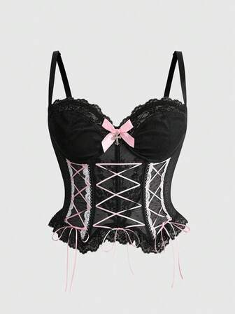 Kawaii Canotta con ferretto, disegno con laccetti, di design alla moda e sexy, per taglie forti