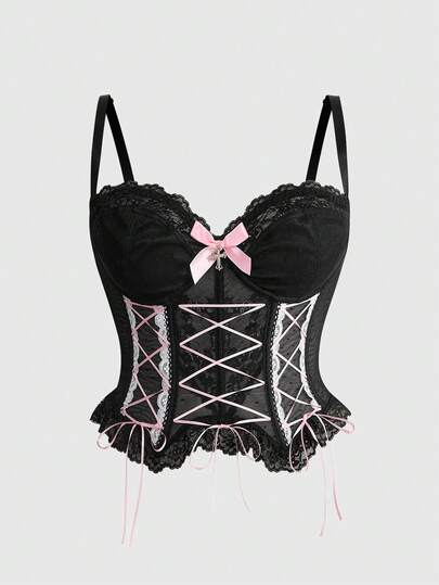 Kawaii Canotta con ferretto, disegno con laccetti, di design alla moda e sexy, per taglie forti