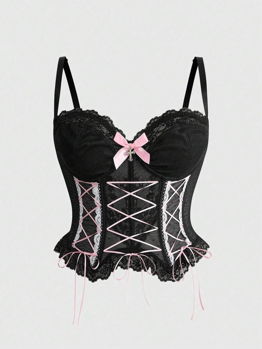 ROMWE Kawaii 大码女士时尚性感蕾丝抽绳设计钢圈吊带背心 - 黑色 - 查看 1