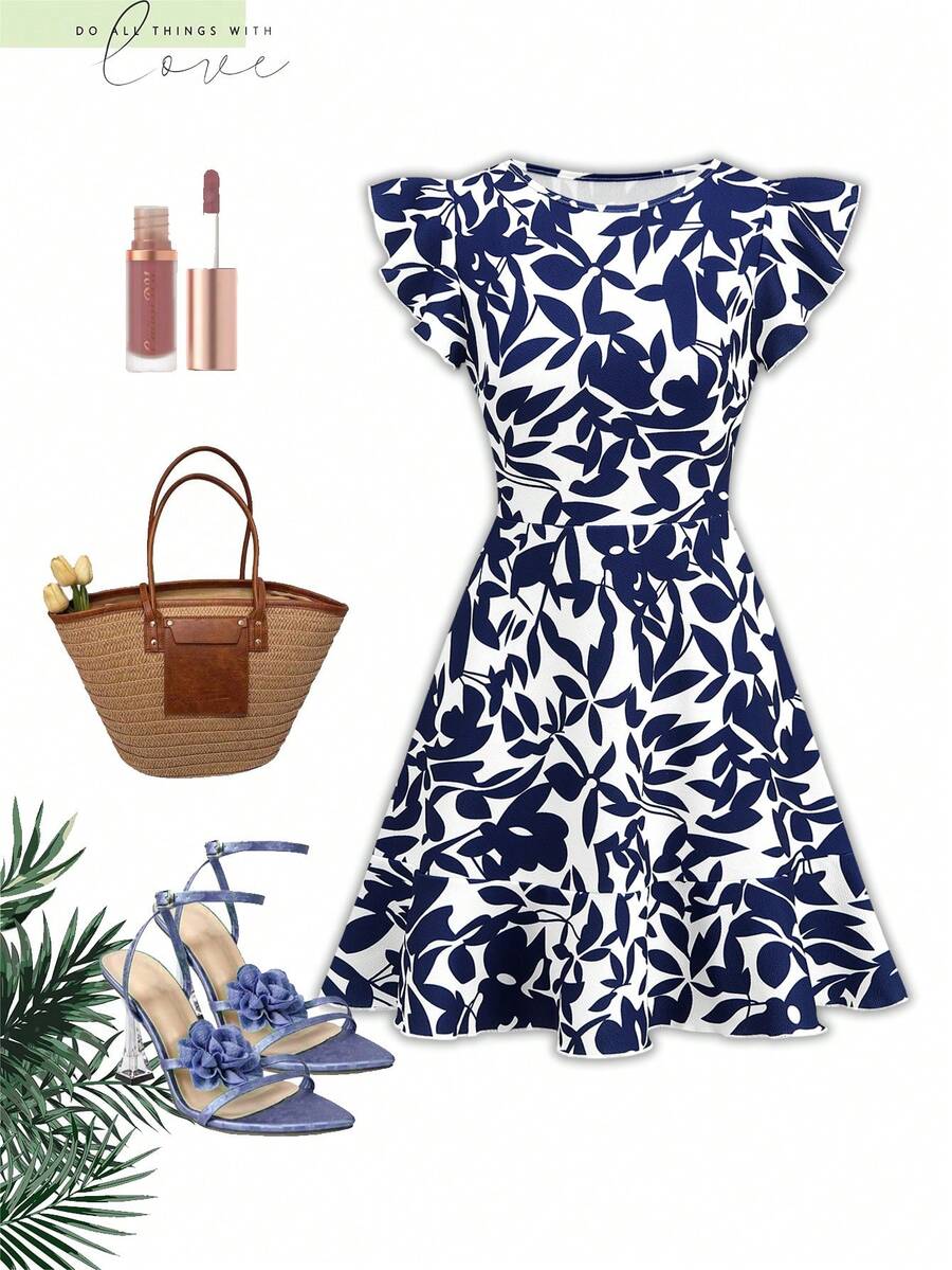 Ellevyn Ruffle Sleeve Waist Cinched A-Line Dress - Royal Blue - View 1