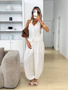 Easowa Women's All White Summer Chic Brunch Linen Two Pieces Set,Elegant Solid Color Halter Top And Baggy Wide Leg Pants,Casual Commuter Pant Suit Jumpsuit - Apricot - View 6