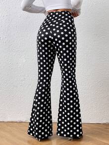 Chiquease 女士休閒波點印花V腰喇叭褲 - 黑與白 - 查看 2