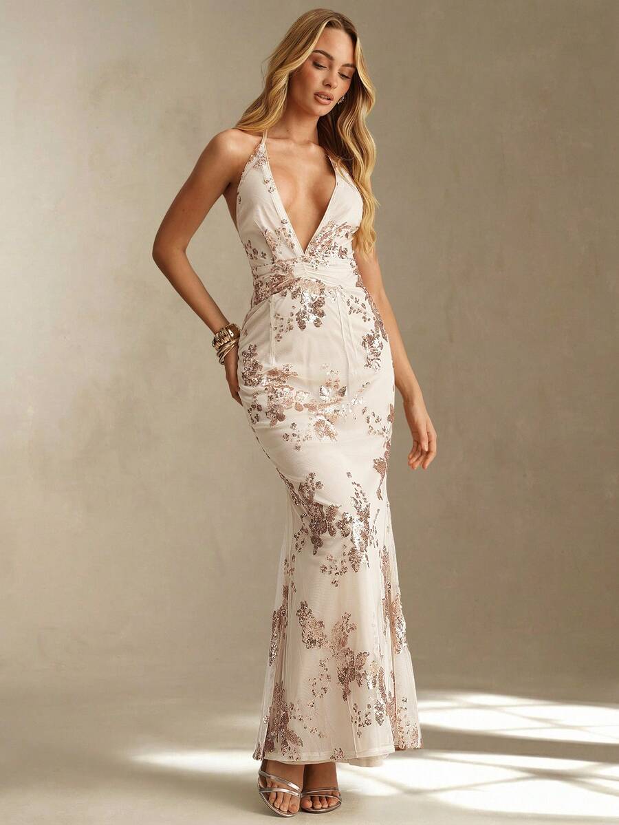 Glamine Women's Floral Sequin Deep V-Neck Backless Dress - Champagne - View 1