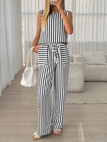 Easowa 休闲条纹吊带背心和长裤套装，适合春夏穿着和通勤。 - 黑與白 - 查看 5