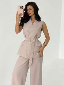 Firerie 女士优雅简约时尚通勤都市休闲日常V领腰带无袖背心和高腰阔腿裤米色卡其色两件套 - 杏色 - 查看 9