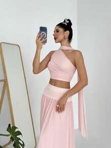 Firerie 女士优雅春夏浪漫海滩度假婚礼宾客伴娘约会派对生日舞会飘逸不对称上衣和高腰薄纱裙两件套，粉色 - 粉色 - 查看 4