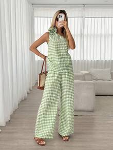 Easowa Bộ đồ mùa hè thường ngày họa tiết kẻ caro hoa lá, gồm áo lệch vai và quần ống rộng. - màu xanh lá - Xem 4