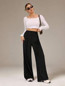 SHEIN Tall Quần ống rộng màu đen trơn kiểu Y2K, quần tây công sở, thích hợp cho mùa thu đông. - màu đen - Xem 7