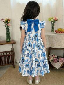 SHEIN LMoss Kids 女童雪纺碎花蝴蝶结圆领荷叶边下摆休闲连衣裙 - 彩色 - 查看 3