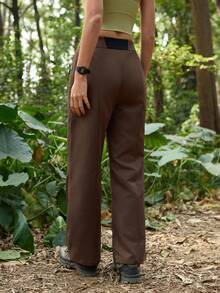 SHEIN In My Nature Women's Botanical Print Zipper Pocket Straight Leg Hiking Pants - Coffee Brown - View 6