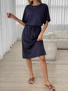 Easowa Women Cotton Midi Dresses Vacation Outfits Women,Casual Clothes Dark Blue Dress Drawstring Waist Women's Short Sleeve Navy - Navy Blue - View 7