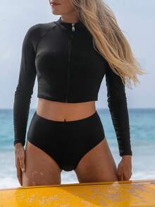 Swim SPRTY 女士纯色长袖拉链前开式坦克泳衣套装，休闲度假运动夏季海滩度假服装，清爽运动长袖拉链高腰运动泳衣套装，优雅、保守、防晒、显瘦、拉长腿部的“水母”泳衣。 - 黑色 - 查看 3