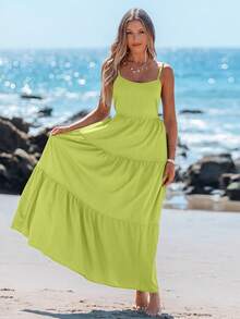 Sylviya 休闲长吊带蝴蝶结连衣裙，春夏款 - 綠色 - 查看 3